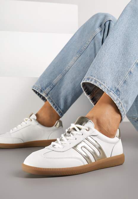 Białe Sneakersy Tenisówki ze Skóry Naturalnej z Geometrycznym Wzorem Carolie
