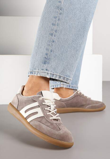 Brązowe Sneakersy Tenisówki ze Skóry Naturalnej z Geometrycznym Wzorem Carolie