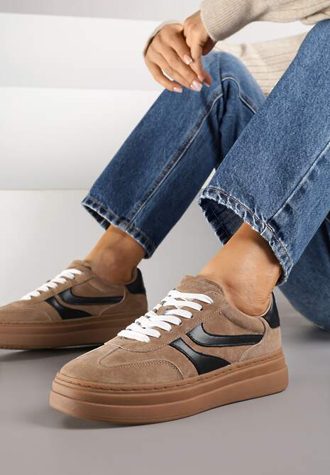 Brązowe Zamszowe Sneakersy Tenisówki Ozdobione Geometrycznym Motywem Nalivette