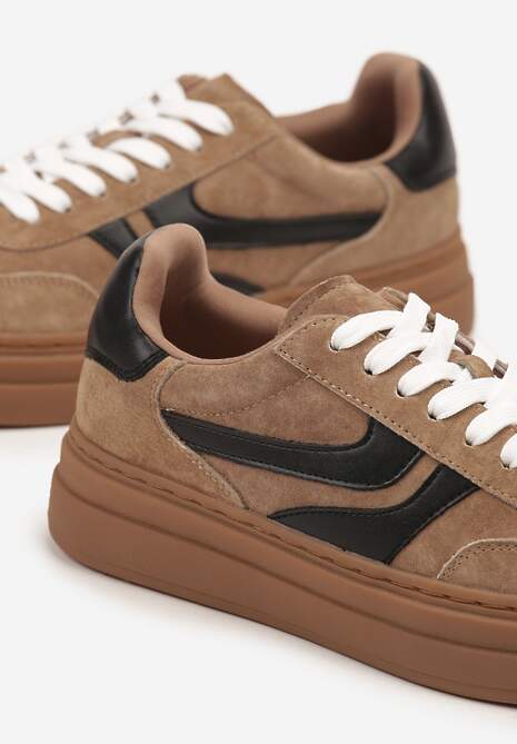 Brązowe Zamszowe Sneakersy Tenisówki Ozdobione Geometrycznym Motywem Nalivette 6