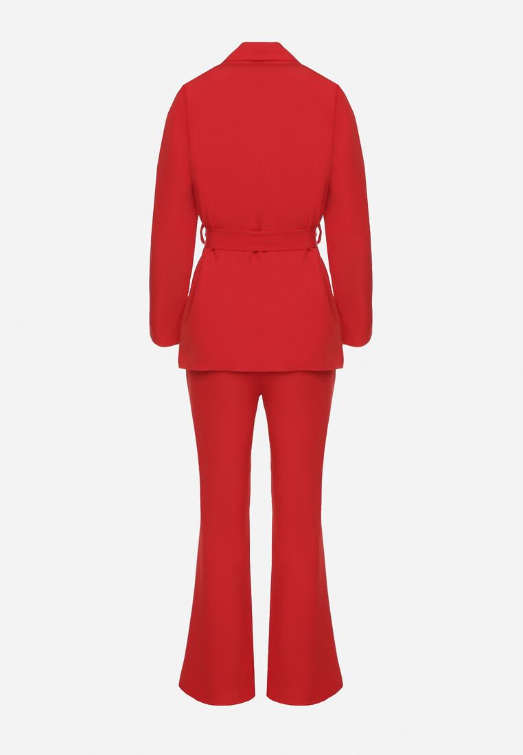 Czerwony Komplet o Garniturowym Kroju z Marynarką z Wiązaniem i Spodniami Falestra 7