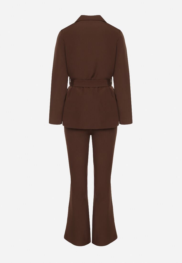 Brązowy Komplet o Garniturowym Kroju z Marynarką z Wiązaniem i Spodniami Falestra 7