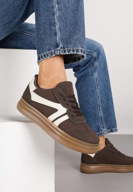 Brązowe Sneakersy Tenisówki Ozdobione Geometrycznym Wzorem Shie