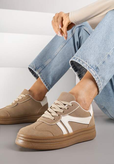 Beżowe Sneakersy Tenisówki Ozdobione Geometrycznym Wzorem Shie
