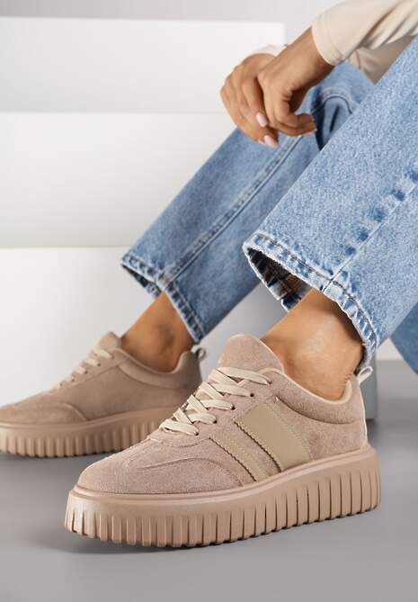 Beżowe Sneakersy na Tłoczonej Platformie z Paskami Rilasena