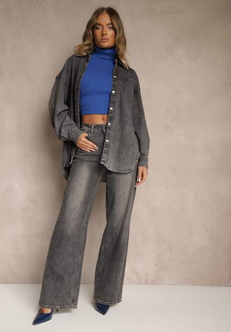 Szare Jeansy High Waist o Szerokim Kroju Tessine