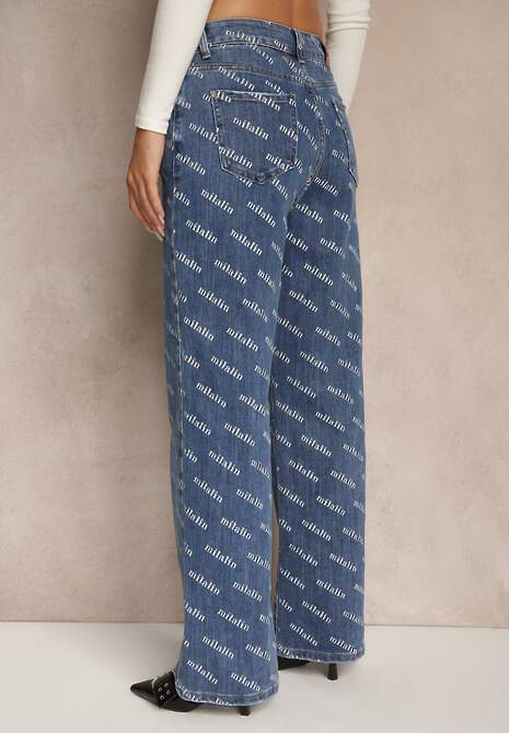 Niebieskie Jeansy Straight Leg High Waist Zdobione Printem Vilesse 4