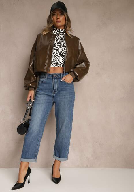 Niebieskie Jeansy Regular Wiast o Fasonie Mom Fit Gondie