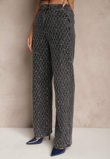 Szare Szerokie Jeansy High Waist z Cyrkoniowymi Zdobieniami Zarilene 4