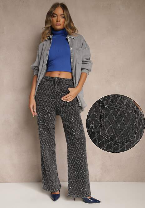 Szare Szerokie Jeansy High Waist z Cyrkoniowymi Zdobieniami Zarilene