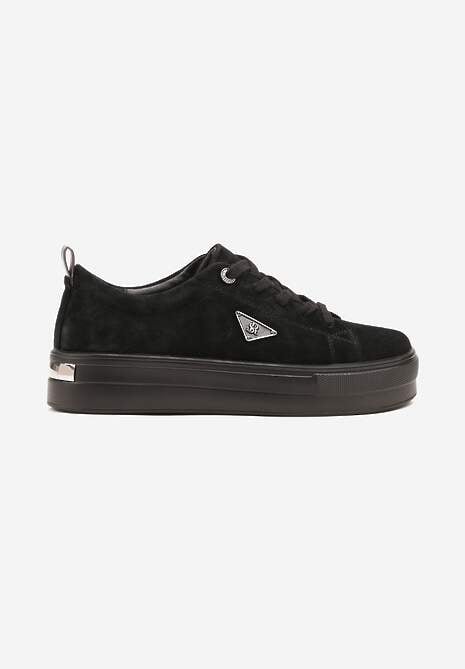 Czarne Sneakersy na Platformie z Zamszu Naturalnego Ozdobione Aplikacją Beliale 4