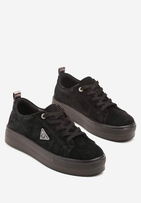 Czarne Sneakersy na Platformie z Zamszu Naturalnego Ozdobione Aplikacją Beliale 5