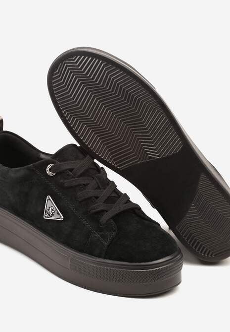 Czarne Sneakersy na Platformie z Zamszu Naturalnego Ozdobione Aplikacją Beliale 6