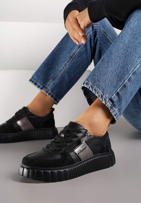 Czarne Sneakersy ze Skóry Naturalnej z Metalicznym Zdobieniem Zorentee