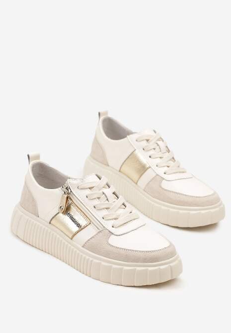 Beżowe Sneakersy ze Skóry Naturalnej z Metalicznym Zdobieniem Zorentee 5
