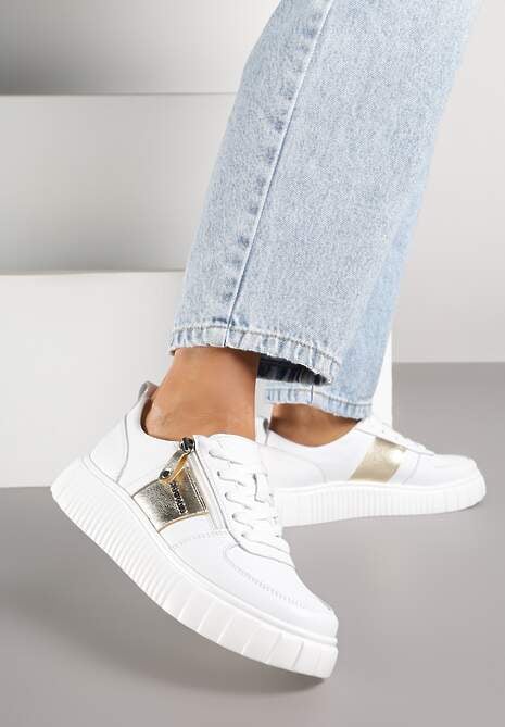 Białe Sneakersy ze Skóry Naturalnej z Metalicznym Zdobieniem Zorentee