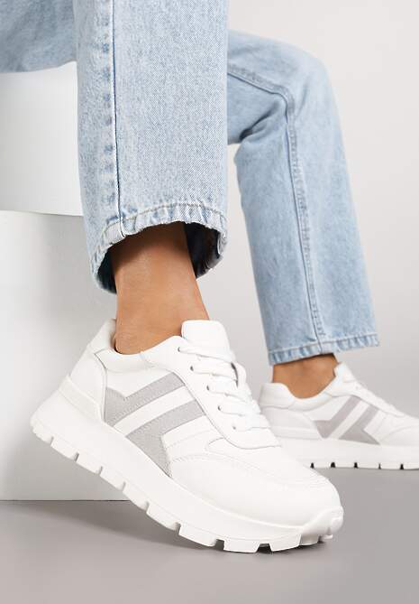 Biało-Szare Sneakersy na Grubej Podeszwie Zdobione Przeszyciami Lulline