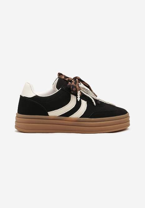 Czarne Sneakersy Tenisówki na Tłoczonej Platformie Ozdobione Perłami Ashinne 4