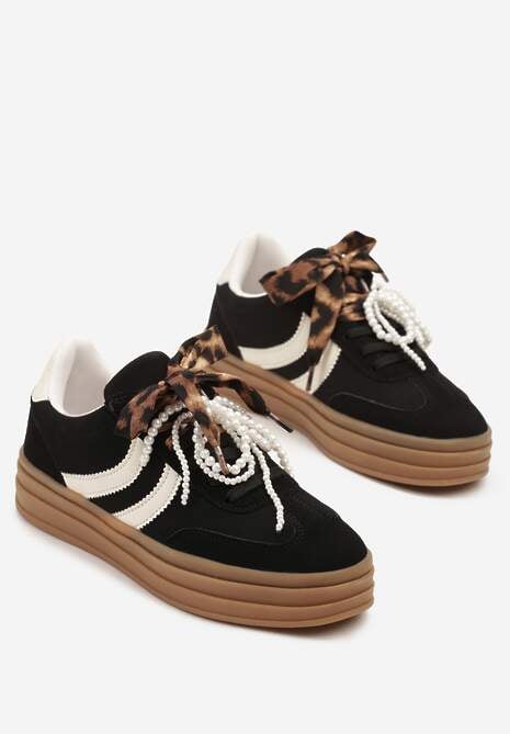Czarne Sneakersy Tenisówki na Tłoczonej Platformie Ozdobione Perłami Ashinne 5