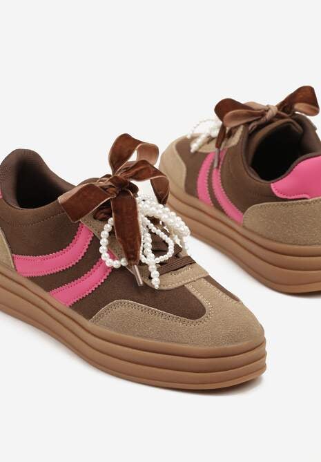 Brązowe Sneakersy Tenisówki na Tłoczonej Platformie Ozdobione Perłami Ashinne 6