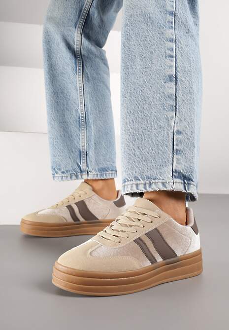 Ciemnobeżowe Sneakersy Typu Kultowe Tenisówki na Niskiej Platformie Tulafia