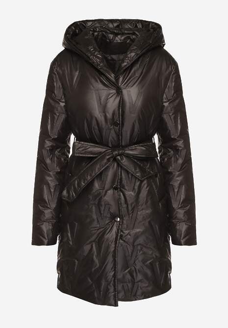 Czarna Pikowana Kurtka z Kapturem i Wiązanym Paskiem Elladie 6