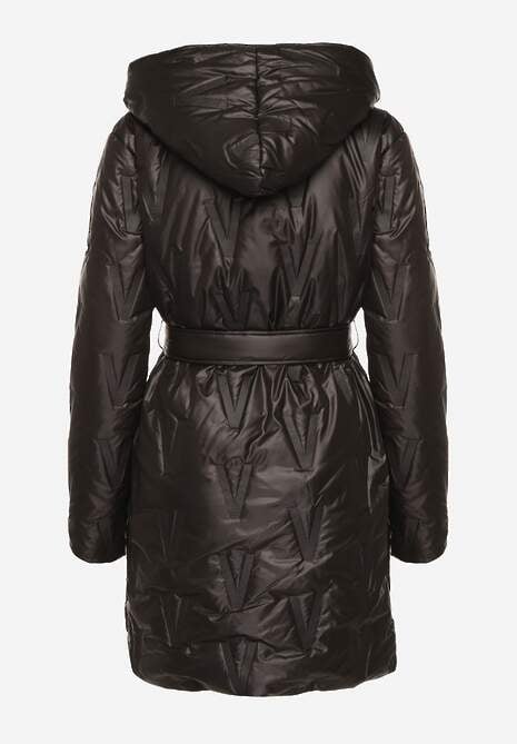 Czarna Pikowana Kurtka z Kapturem i Wiązanym Paskiem Elladie 7