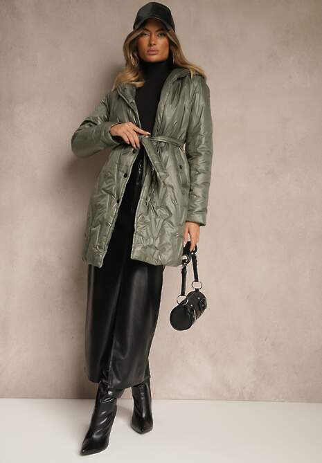 Zielona Pikowana Kurtka z Kapturem i Wiązanym Paskiem Elladie 4