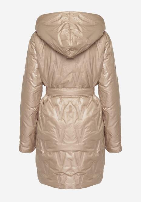 Ciemnobeżowa Pikowana Kurtka z Kapturem i Wiązanym Paskiem Elladie 7