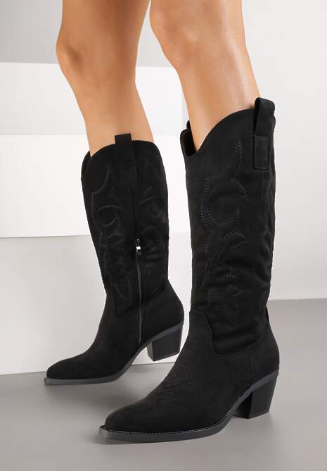 Czarne Kozaki Kowbojki w Klasycznym Stylu z Imitacji Zamszu