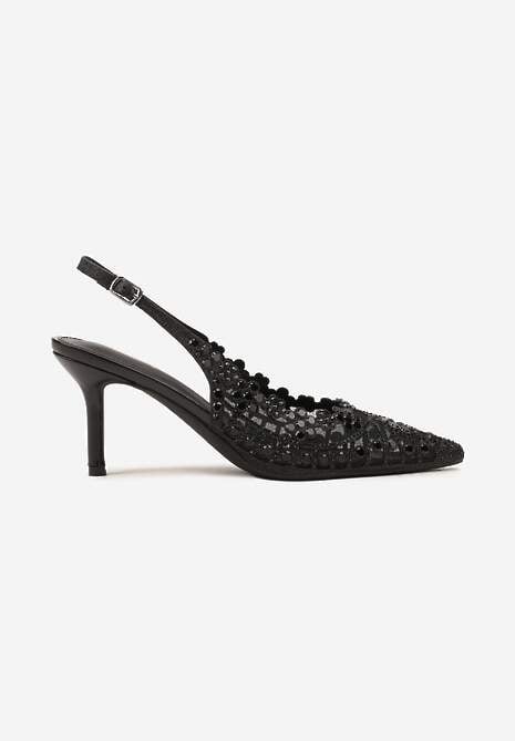 Czarne Sandały na Szpilce Slingback z Ażurową Cholewką Latilena 4