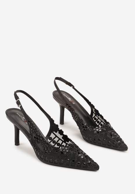 Czarne Sandały na Szpilce Slingback z Ażurową Cholewką Latilena 5