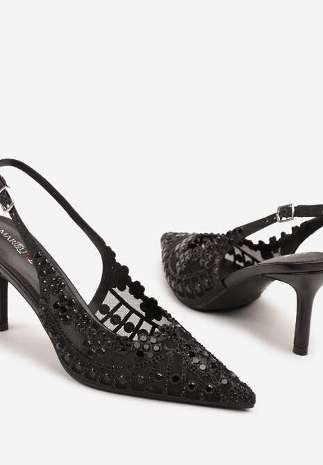 Czarne Sandały na Szpilce Slingback z Ażurową Cholewką Latilena 6
