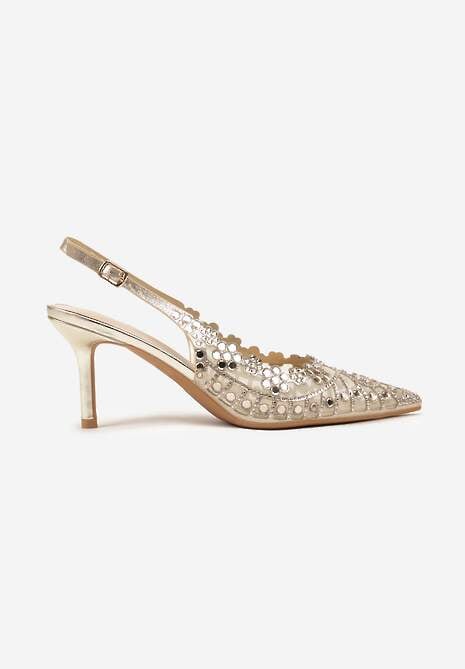 Złote Sandały na Szpilce Slingback z Ażurową Cholewką Latilena 4