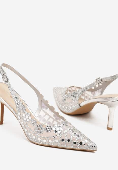 Srebrne Sandały na Szpilce Slingback z Ażurową Cholewką Latilena 6