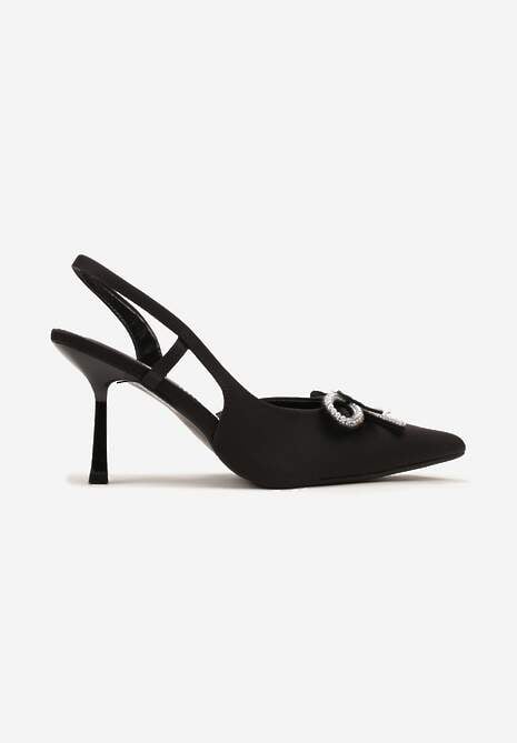 Czarne Szpilki Slingback z Satyny Zdobione Biżuteryjną Kokardą Tulorella 4