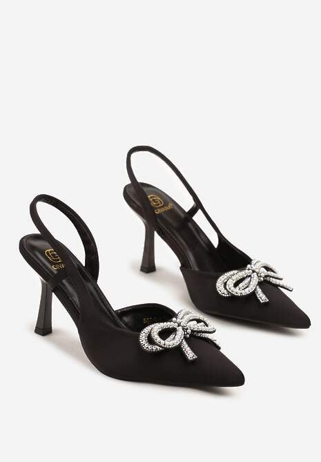 Czarne Szpilki Slingback z Satyny Zdobione Biżuteryjną Kokardą Tulorella 5