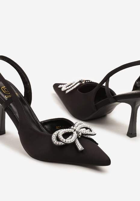 Czarne Szpilki Slingback z Satyny Zdobione Biżuteryjną Kokardą Tulorella 6