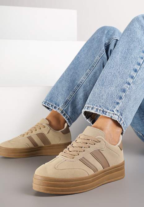Ciemnobeżowe Sneakersy w Stylu Klasycznych Tenisówek na Platformie Nallania