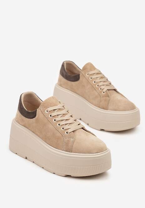 Beżowe Sneakersy na Platformie z Naturalnego Zamszu Latavesa 5