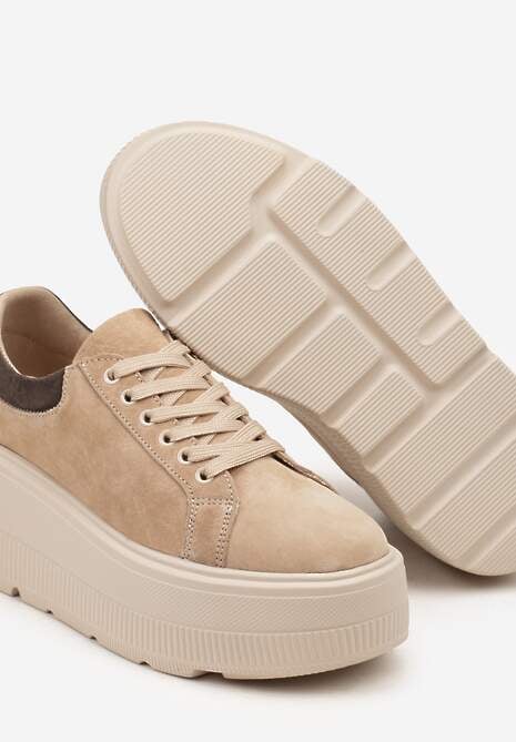 Beżowe Sneakersy na Platformie z Naturalnego Zamszu Latavesa 6