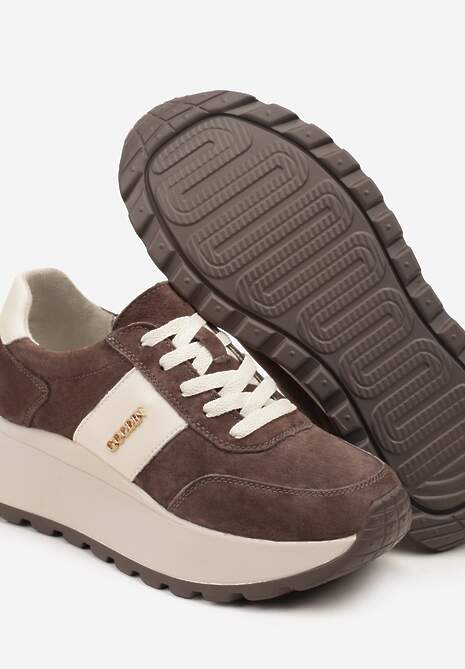 Brązowe Sneakersy na Platformie z Naturalnego Zamszu z Geometrycznym Wzorem i Napisem Latalissa 6