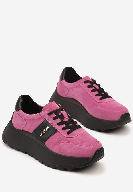 Różowo-Czarne Sneakersy na Platformie z Naturalnego Zamszu z Geometrycznym Wzorem i Napisem Latalissa 5