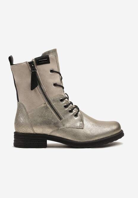 Szaro-Złote Botki w Stylu Vintage ze Sznurowaniem Vemlora 4
