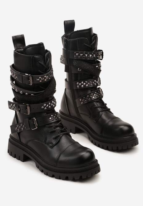 Czarne Rockowe Botki Workery Zdobione Nitami i Sprzączkami Zarumia 5