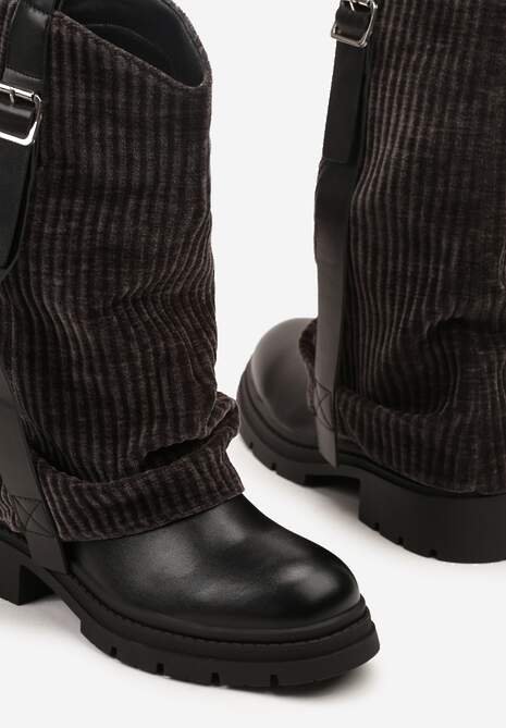Czarne Botki z Wywiniętą Cholewką Sztruksową i Paskiem z Klamrą Zalorra 6