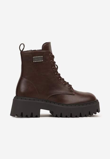 Brązowe Botki Workery w Stylu Basic z Aplikacją przy Cholewce Azelda 4