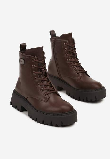 Brązowe Botki Workery w Stylu Basic z Aplikacją przy Cholewce Azelda 5