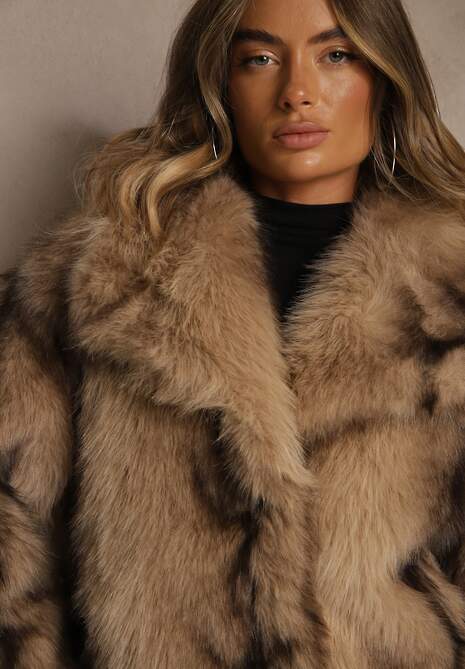 Beżowa Kurtka Futerko z Ozdobnym Kołnierzem Fitene 6