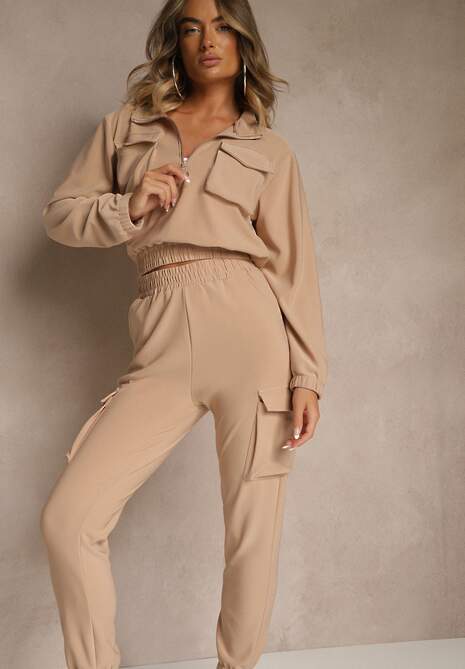 Ciemnobeżowy Komplet Dresowy Cargo Bluza ze Stójką i Spodnie Jogger Litene